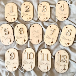 Baby Meilenstein Karten Holz I 1-12 Monate + Hallo Welt I Monatskarten Baby Foto I Baby Monatstafeln Holzschild Geschenk zur Geburt I Sterne