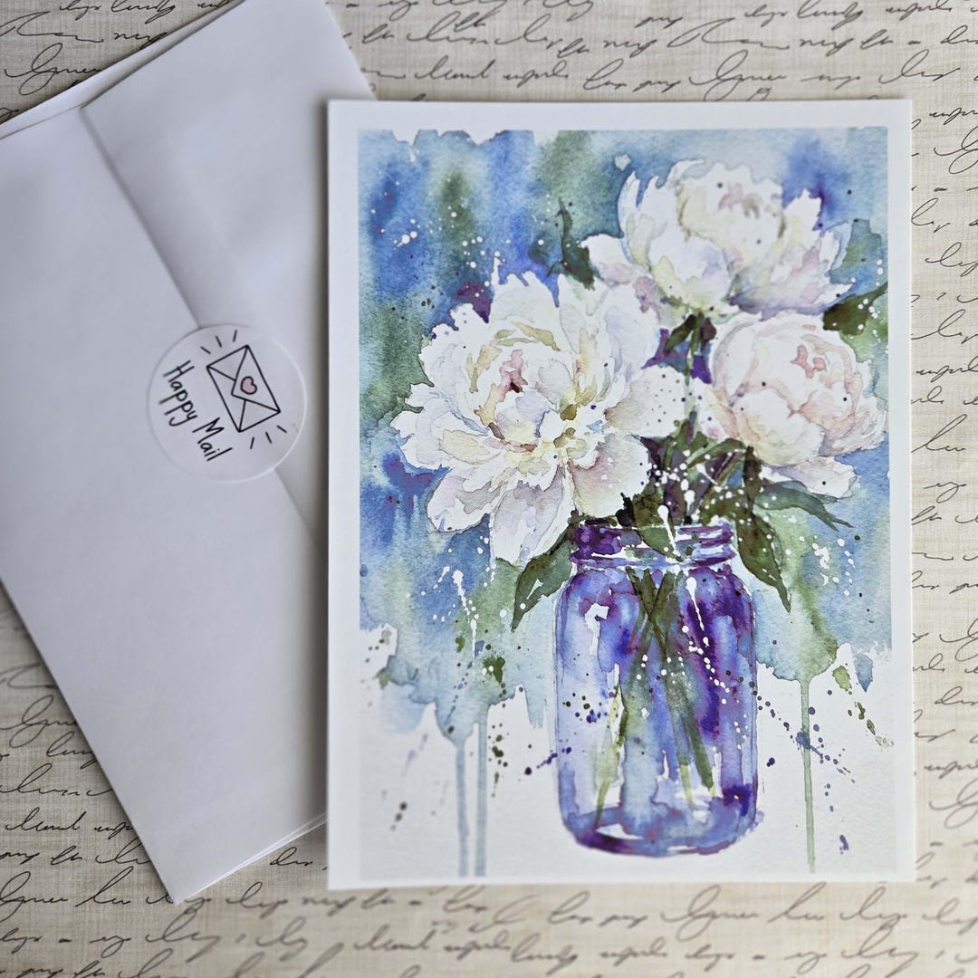 Birthday Watercolor Floral Frameable Greeting Card Blank Inside Note ...