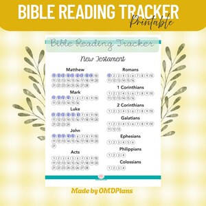 May include: A printable Bible reading tracker with a light blue and white design. The tracker lists the books of the New Testament and includes numbered boxes for each chapter.