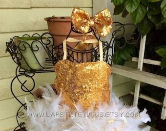 Gold sequin satin lined girls feather holiday pageant dress