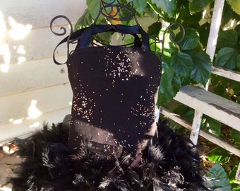 Black glitter girls feather pageant dress with matching bow