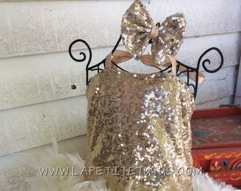 Girls light gold sequin feather pageant dress with matching bow, girls dress, toddler dress, pageant dress, outfit of choice, birthday dress