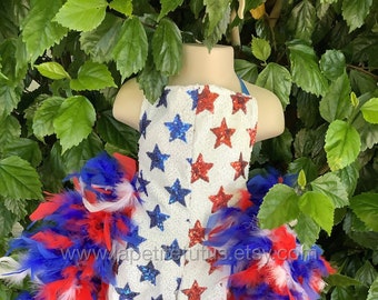 Patriotic girls pageant romper with feather bustle