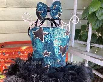 Star sequin feather girls pagean dress with matching bow, girls dress, toddler dress, pageant dress, outfit of choice, birthday dress