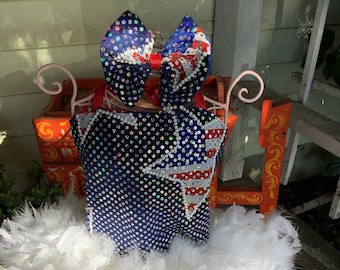 Patriotic star crystal sequin pageant dress, feather dress, toddler dress, girls dress, pageant dress, holiday dress