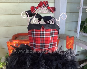 Plaid school girl theme feather pageant dress with matching bows, girls dress, toddler dress, pageant dress, outfit of choice