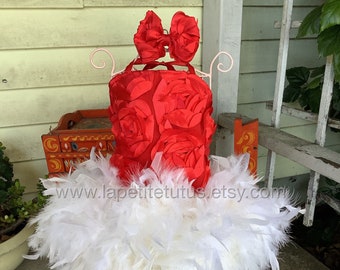 Red silk floral girls feather pageant dress with matching bow, girls dress, toddler dress, pageant dress, outfit of choice, birthday dress