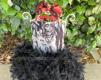 Zombie theme girls halloween feather pageant dress with matching bow, girls dress, toddler dress, pageant dress, outfit of choice