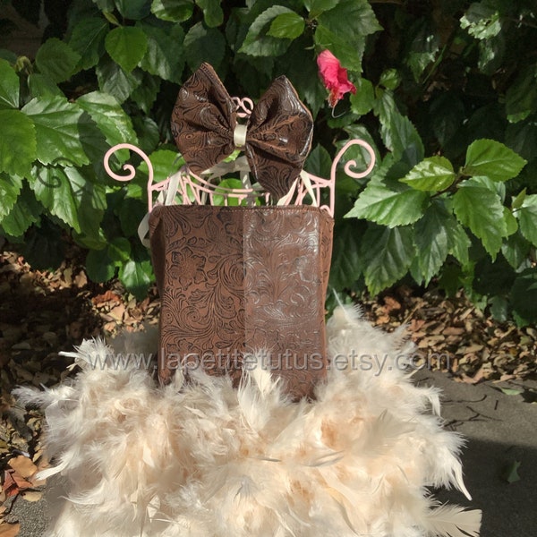 Western theme faux leather girls feather pageant flower girl dress