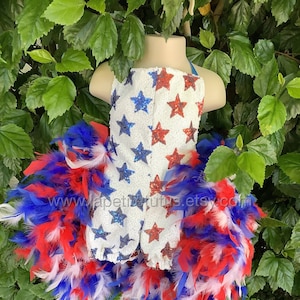 Patriotic girls pageant romper with feather bustle