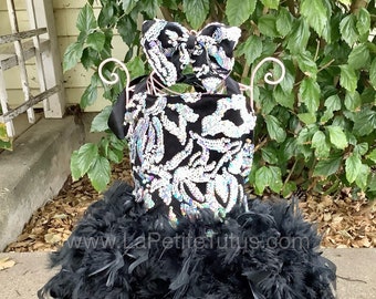 Girls black velvet sequin hi low feather pageant dress