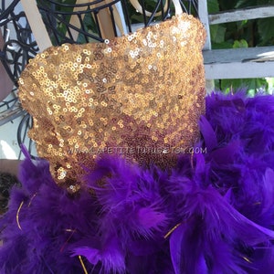 Mardi Gras gold sequin satin lined girls feather pageant dress, girls dress, toddler dress, pageant dress, outfit of choice, birthday dress image 2