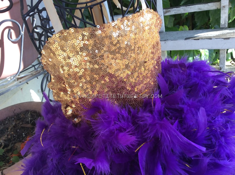 Mardi Gras gold sequin satin lined girls feather pageant dress, girls dress, toddler dress, pageant dress, outfit of choice, birthday dress image 2