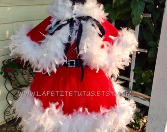 Girls Santa feather edge tutu dress and cape set, Santa costume, holiday photos, Xmas photo prop, winter photos, holiday pictures