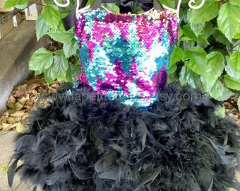 Reversible sequin girls feather pageant dress