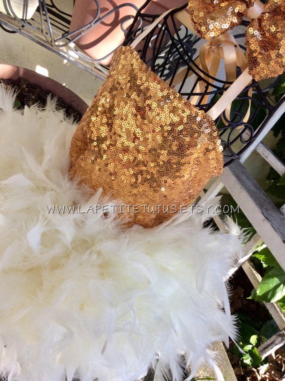 Gold Sequin Feather Pageant Dress for Girls - Luxury Toddler Gala Gown, Sparkly Flower Girl Dress, Sequin Birthday Outfit & Holiday Dress