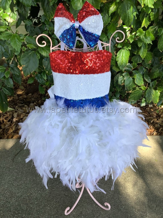 Patriotic striped pageant dress, feather dress, toddler dress, girls dress, holiday dress