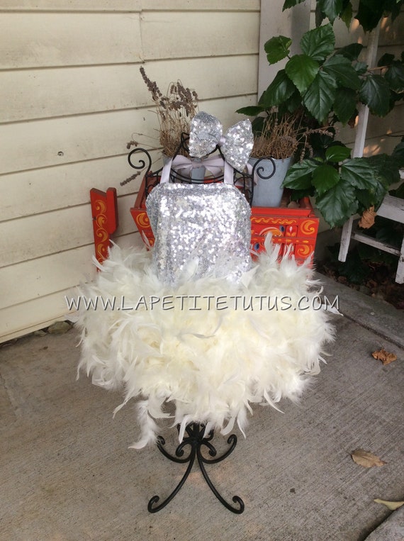 Silver sequin girls feather dress, christmas dress, holiday dress, girls dress, toddler dress, pageant dress