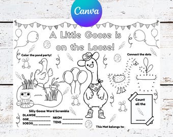 Mantel individual con actividades para baby shower de ganso / Página para colorear con temática de ganso divertido / Un pequeño ganso anda suelto / Descarga digital en PDF