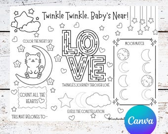 Twinkle Twinkle Baby está cerca / Mantel individual para colorear y jugar a Baby Shower Celestial / Hoja de actividades imprimible con Luna y estrellas / Descarga instantánea