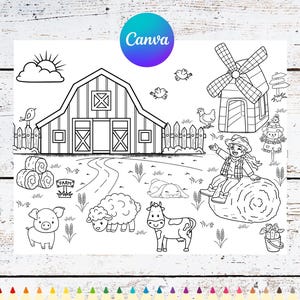 Puede incluir: Dibujo lineal en blanco y negro de una escena de granja con un granero, un molino de viento y varios animales de granja. Un ni&ntilde;o est&aacute; sentado en una paca de heno. La palabra "Canva" est&aacute; en un c&iacute;rculo en la parte superior. Una fila de l&aacute;pices de colores est&aacute; en la parte inferior.
