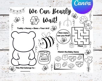 Mantel individual de osito de peluche para baby shower: Hoja de actividades "Podemos esperar" / Tapete para colorear imprimible / Juego para baby shower de género neutro