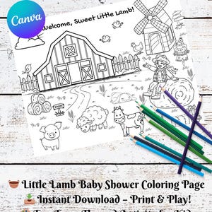 Puede incluir: Una p&aacute;gina para colorear en blanco y negro con tem&aacute;tica de granja, con un granero, un molino de viento y animales de granja. El texto dice "Welcome, Sweet Little Lamb!". L&aacute;pices de colores esparcidos en la parte inferior. Para un baby shower.