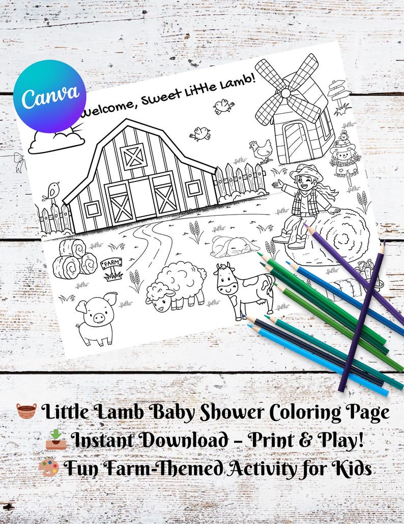 Puede incluir: Una p&aacute;gina para colorear en blanco y negro con tem&aacute;tica de granja, con un granero, un molino de viento y animales de granja. El texto dice "Welcome, Sweet Little Lamb!". L&aacute;pices de colores esparcidos en la parte inferior. Para un baby shower.