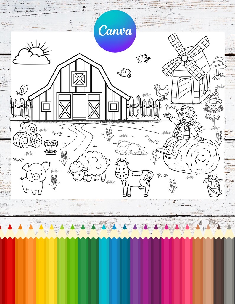 Puede incluir: Dibujo lineal en blanco y negro de una escena de granja con un granero, un molino de viento y varios animales de granja. Un ni&ntilde;o est&aacute; sentado en una paca de heno. La palabra "Canva" est&aacute; en un c&iacute;rculo en la parte superior. Una fila de l&aacute;pices de colores est&aacute; en la parte inferior.