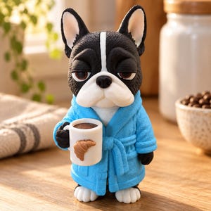 May include: A figurine of a black and white French Bulldog with a sleepy expression, wearing a bright blue bathrobe and holding a white mug decorated with a small brown croissant graphic. The dog has large ears and a textured, soft-looking robe.