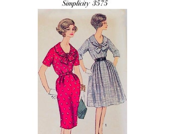 Simplicity 3575 - Size 16 - Bust 36 in.  Full or Slim Skirt Belted Dress with Notched Round Collar - Short or Three Quarter Length Sleeves