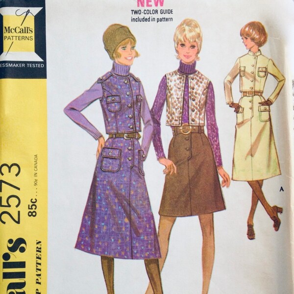 McCalls 2573- Size 10 - Bust 32 1/2 inches - Long Button Front Boot Skirt - Button Front Jacket and Vest Pattern - 1970's Sewing Pattern