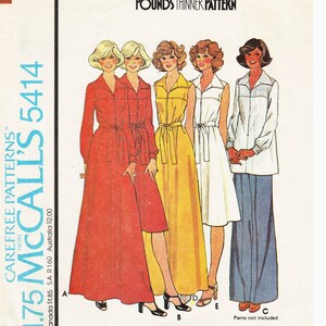 May include: Vintage McCall's 5414 sewing pattern featuring illustrations of Misses' dresses and a top. The designs include a long red dress, a dotted dress, a yellow dress, a white dress, and a white top with blue pants. The pattern is labeled "Pounds Thinner Pattern."