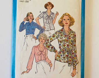 Simplicity 8397 - Size 14 half &  Size 16 half - 1977s Misses Blouse Pattern -Tie Blouse with Puffy Gathered Sleeves -Short or Long sleeves