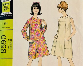 McCalls 8590- Size 11-13J Bust 31.5-33 - 1966 Mod A-line 5 Panel Dress with Pockets - Sleeveless or Long Sleeve Dress Pattern - Easy to Sew