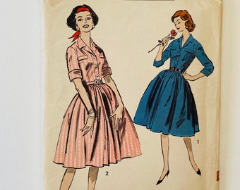 Advance Sewing Pattern 9052 - Size 10 UNCUT - 1950s One Piece Button Front Dress with Full Skirt - Notched Collar - Cuffed Sleeves