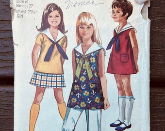 Simplicity 8673 - Size 8- 1969 Girls Summer Sailor Dress or Tunic Pattern - Short sleeve or sleeveless dress pattern - play dress