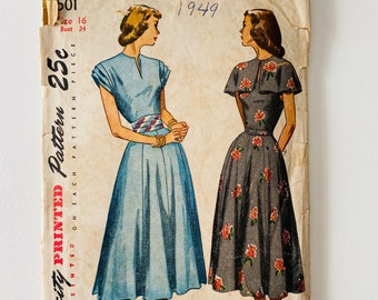 Simplicity 3501 - Size 16 - Bust 34 in.  1940s Full Skirt Belted Dress with Round Neckline & Cape - Cap Sleeves - Below Knee Flared Skirt