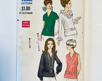 Vogue 7403 - Size 12  Bust 34 - 1960's Misses Blouse and Tops Patterns - Ruffle Blouse - Cuffed Sleeve Blouse - Sleeveless Collar Top