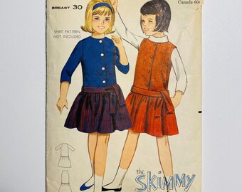 Butterick 3231 - Girls Size 12 - 1960's Girls Skimmy Dress and Jumper - Drop Waist Dress with Gathered Skirt - Button Front Jumper with Belt