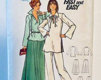 Butterick 5106 - Size 10  - 1970's Long Bell Sleeve Collared Tunic Top - Long Skirt and Wide Leg Pants Pattern - Vintage 70's Sewing Pattern