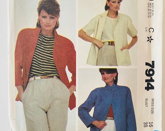 McCalls 7914 - Size 16 - bust 38 in. - 1970s Misses Easy Jacket Pattern - Short or Long Sleeved - Unlined Jacket - Raglan Sleeves