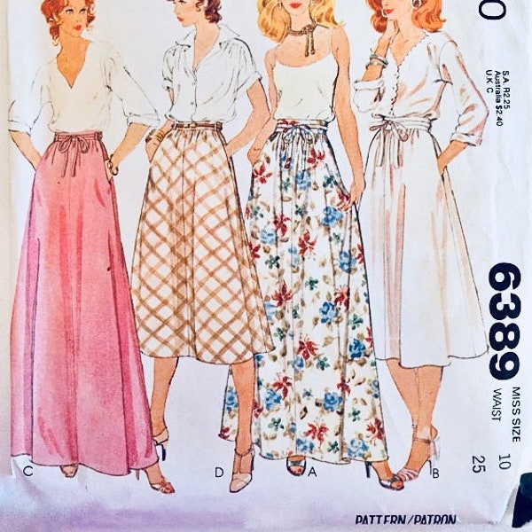 McCalls 6389- Size 10 or Size 12 - Long or Below Knee Skirt - Gathered at Waist - Tie Waist - Side Pockets - Full Skirt Sewing Pattern