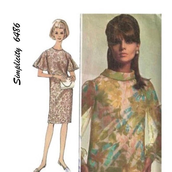 Simplicity 6486 - Size 16 Bust 36 - 1960s Lined Shift Dress with Round or Bias Roll Collar and Bell Sleeves - Cocktail Dress Pattern