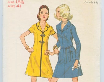 Butterick 5840 - Size 18H - Bust 41 - 1960's A-Line Dress with Notched Collar - Princess Seams - Frog Closure - Belt and Pockets Optional