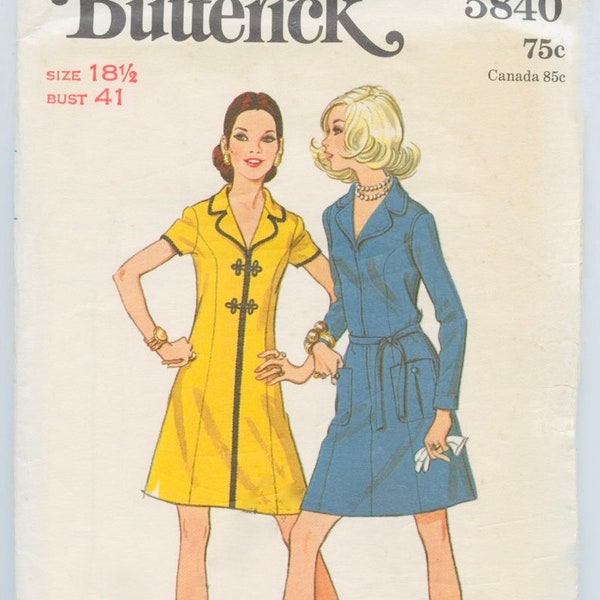 Butterick 5840 - Size 18H - Bust 41 - 1960's A-Line Dress with Notched Collar - Princess Seams - Frog Closure - Belt and Pockets Optional