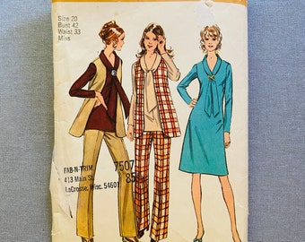 Simplicity 9621 - Size 20- Bust 42 in - 1971 Sewing Pattern - Pants, Long Vest and A-Line Dress Pattern with Shawl Collar and Long Ties