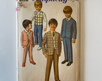 Simplicity 8116 - Size 3 - Chest 22 in. - 1969 Boys Pants with Suspenders & Button Front No Collar Jacket  - Straight Leg Pants