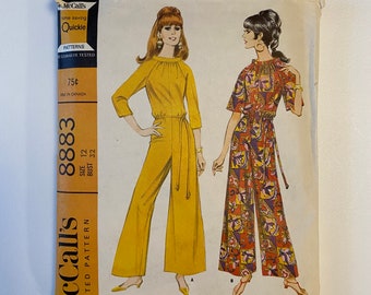 McCalls 8883- Size 12- Bust 32in - 1967 Gathered Round Collar Wide Leg Belted Pantsuit - Three Quarter or Short Sleeves - Jumpsuit Pantdress