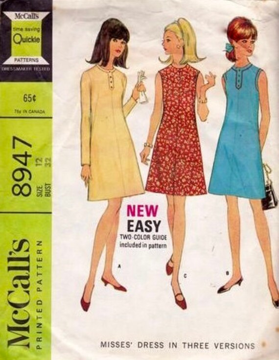 mccalls a line dress pattern 8947- Size 12- Bust 32in. - 1970 A-line - Banded Round Collar Dress - Sleeveless Dress Pattern - Long Sleeve Dress corda Bridal Back Jewelry Clip Size:US2-UK4-EUR32